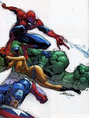   Represente : Hulk, Spider-man Captain America, La Chatte Noire  Spider-man - Collection : L'âge D'or Auteur : J. Scott Campbell 2365x1794